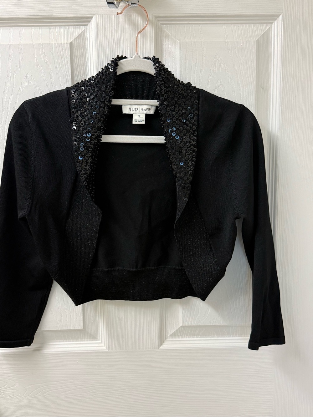 White House Black Market Cropped Shrug Cardigan Black Size S Sequins Metallic
